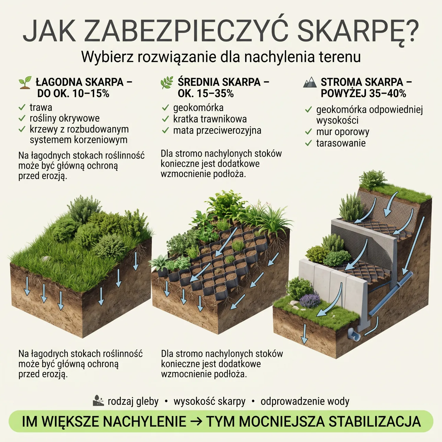 Widoczna erozja ziemi na pochyłej skarpie w ogrodzie spowodowana intensywnymi opadami